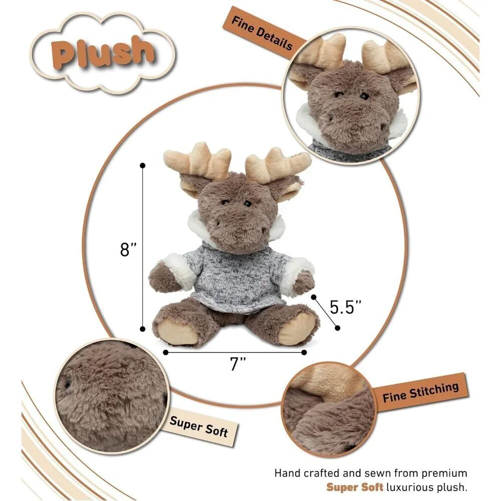 DolliBu Plush Moose Stuffed Animal - Soft Plush Sitting Moose with Gray Hood